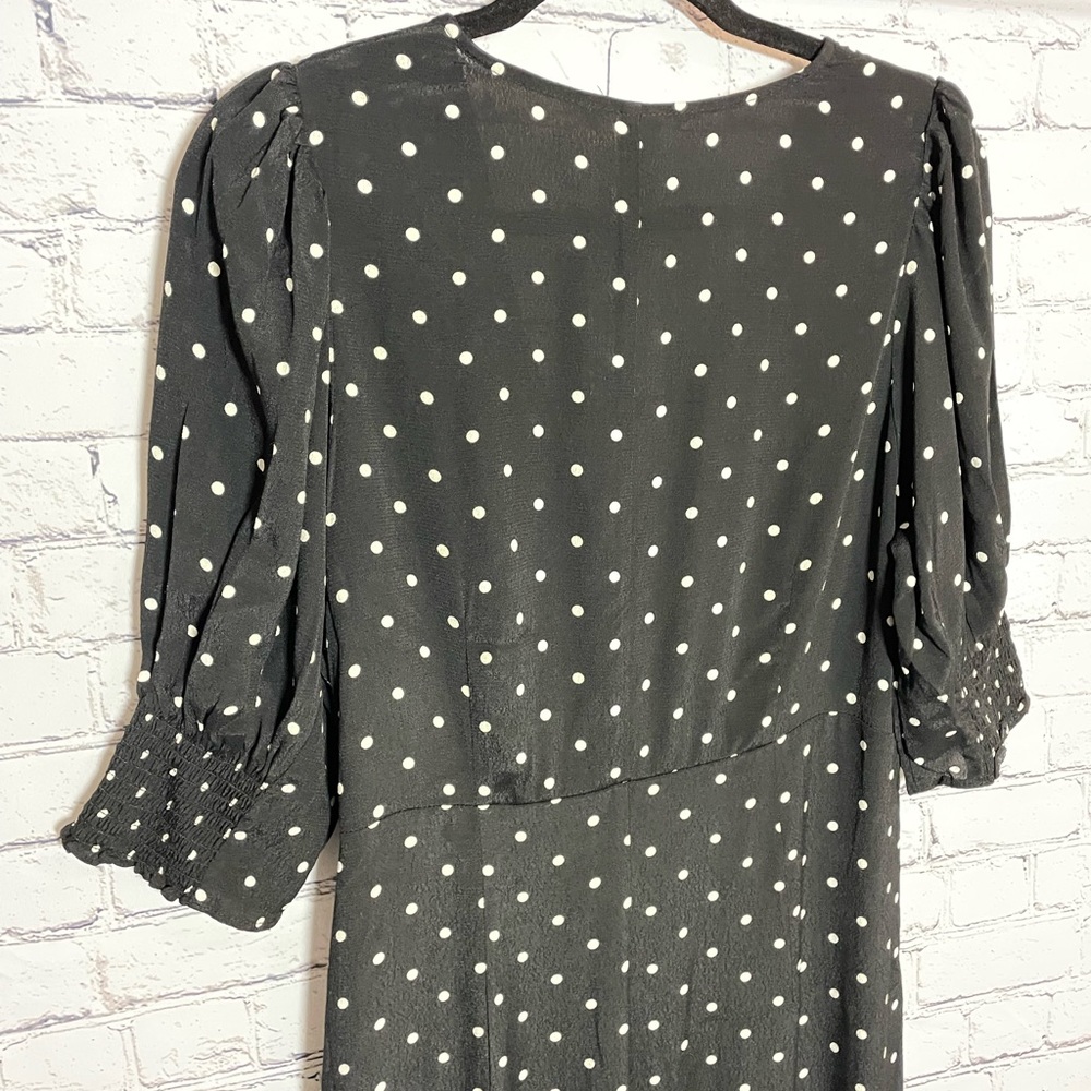 New H&M Black and White Polka Dot Puff Sleeve Crepe V Neck Dress Size L - Picture 14 of 16